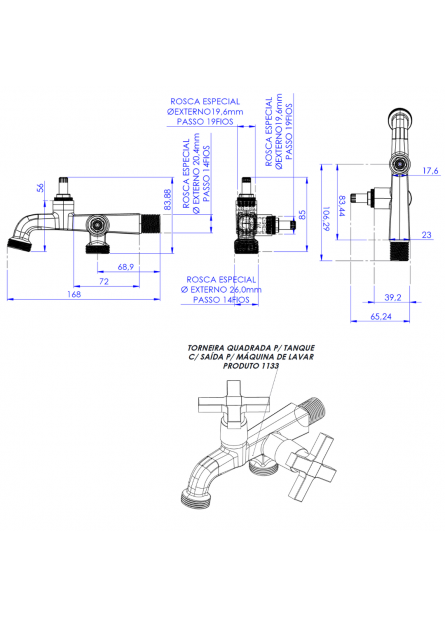 1133 - TORNEIRA QUADRADA PARA TANQUE COM SAÍDA PARA MÁQUINA DE LAVAR