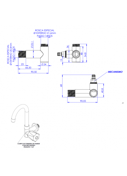 1169 - CORPO TORNEIRA PAREDE COM MECANISMO