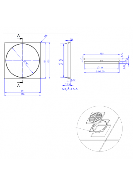 8502-CR - PORTA GRELHA QUADRADA 150X150 CROMADA ABS