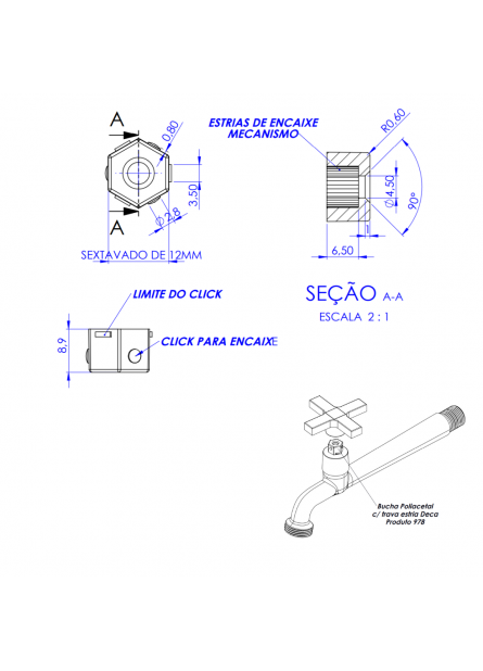 978 - BUCHA POLIACETAL COM TRAVA ESTRIA DECA